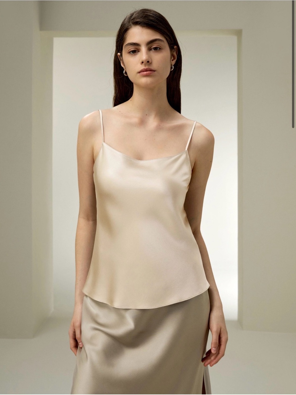 LilySilk Satin Spaghetti-Strap Cami Tank in Light Apricot - Picture 1 of 6